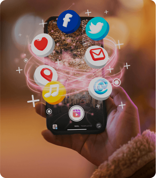 Image of a mobile device with various social media icons